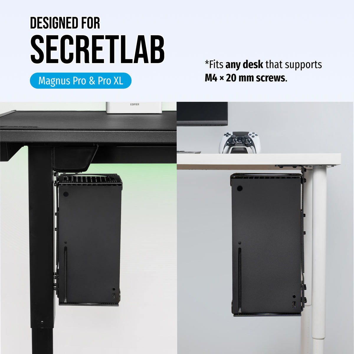 A promotional graphic showing a black under-desk storage cabinet mounted beneath a desk in two views. Text at the top reads 'DESIGNED FOR SECRETLAB' and 'Magnus Pro & Pro XL,' with a note that it fits desks supporting M4 x 20 mm screws.