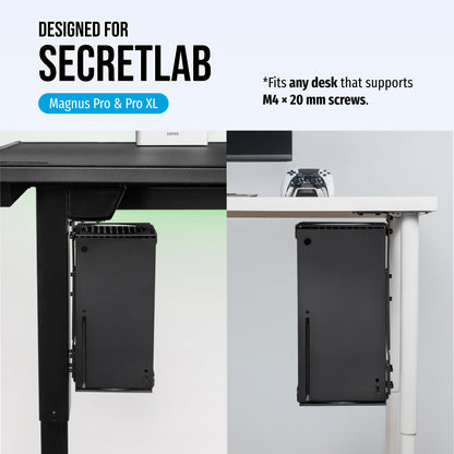 A promotional graphic showing a black under-desk storage cabinet mounted beneath a desk in two views. Text at the top reads 'DESIGNED FOR SECRETLAB' and 'Magnus Pro & Pro XL,' with a note that it fits desks supporting M4 x 20 mm screws.